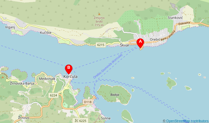 Map of ferry route between Orebic and Korcula